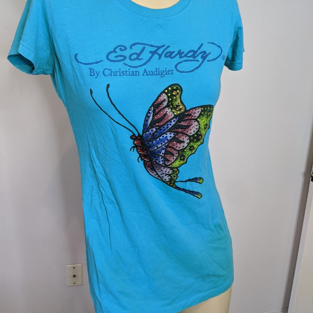 Ed Hardy Blue Butterfly Graphic Tee